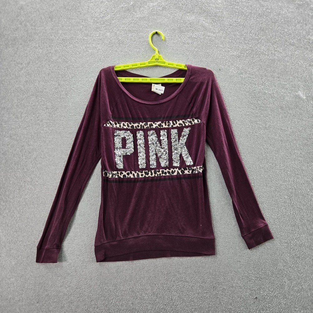 PINK Victoria's Secret Women Shirt XS Purple Animal Print Sequin Crew Neck